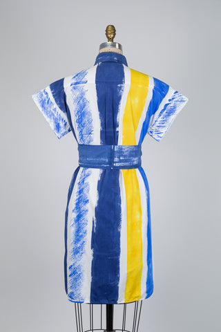 Robe chemisier bleu cobalt et jaune à imprimé artistique (4)