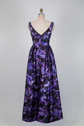 Robe de soirée violette à appliques florales scintillantes (S)