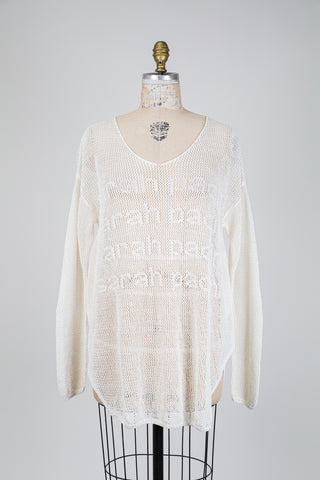 White openwork knit sweater with lettering (OS)