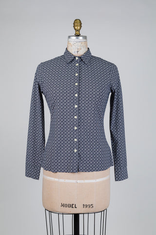 Chemisier blue-black à motif géométrique rétro (6)