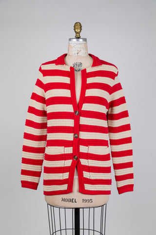 Cardigan en tricot de coton rouge et crème (M)