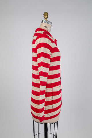 Cardigan en tricot de coton rouge et crème (M)