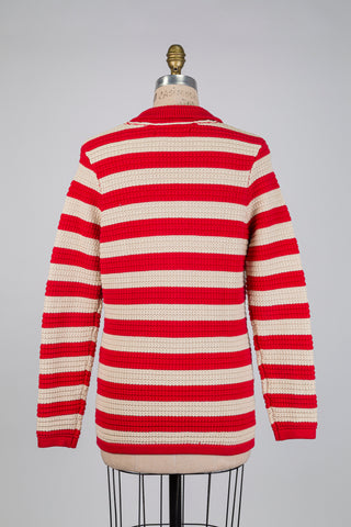 Cardigan en tricot de coton rouge et crème (M)