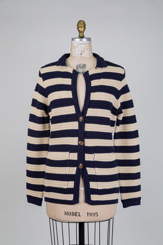 Cardigan en tricot de coton marine et crème (M)