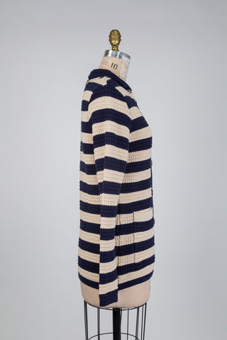 Cardigan en tricot de coton marine et crème (M)