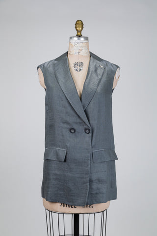 Sleeveless blazer in glossy grey linen (6)