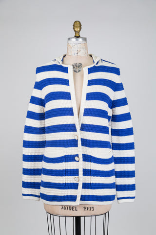 Blue and white striped cotton knit cardigan (M)