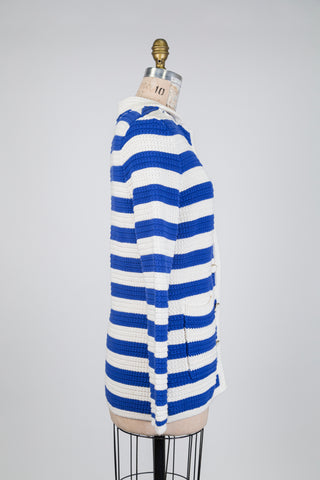 Blue and white striped cotton knit cardigan (M)