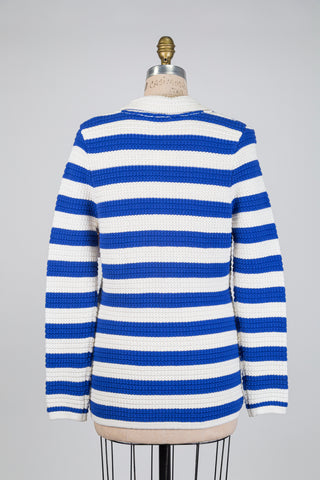 Blue and white striped cotton knit cardigan (M)