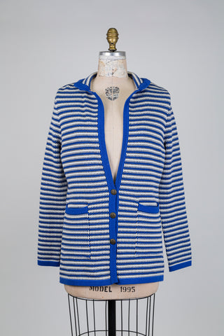 Cardigan bleu et blanc en tricot pur coton (L)