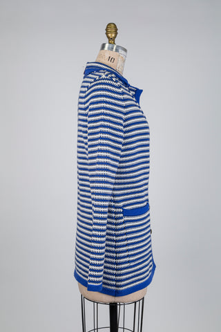 Cardigan bleu et blanc en tricot pur coton (L)