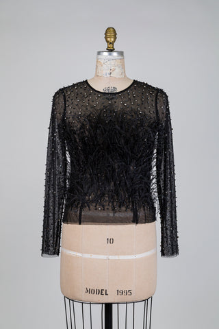 Sheer black sweater with precious feathers (XS)