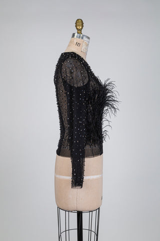 Sheer black sweater with precious feathers (XS)