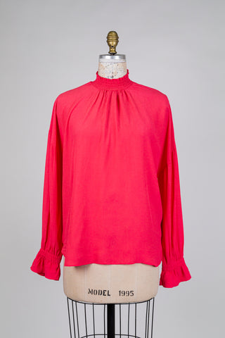 Cherry pink high-neck ruffled blouse (6 to 10)