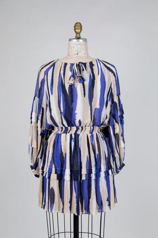 Robe mini à motif abstrait fluide bleu et beige (XS)