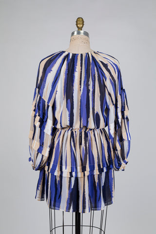 Robe mini à motif abstrait fluide bleu et beige (XS)
