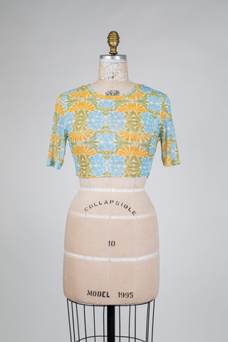 Haut crop bleu et jaune imprimé agrumes (S-M)