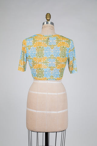 Haut crop bleu et jaune imprimé agrumes (S-M)