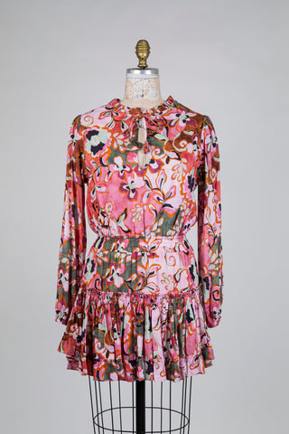 Raspberry pink ruffled floral dress (S)