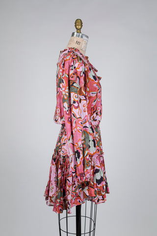 Raspberry pink ruffled floral dress (S)