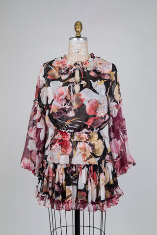 Robe noire florale rose et bourgogne (XS)