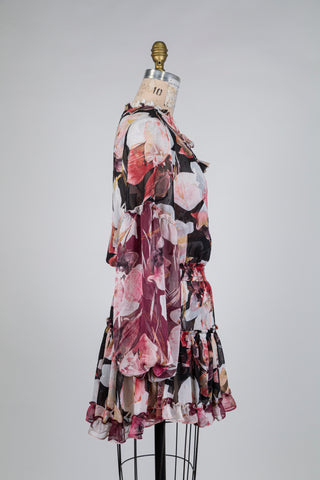 Robe noire florale rose et bourgogne (XS)