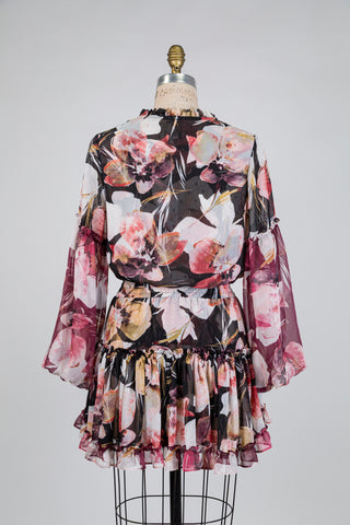 Robe noire florale rose et bourgogne (XS)