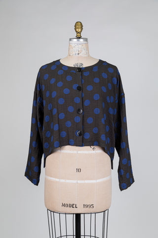 Charcoal black top with blue polka dots (10+)