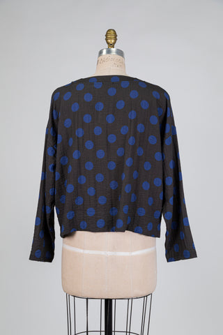 Charcoal black top with blue polka dots (10+)