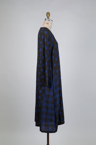 Charcoal black dress with blue polka dots (10+)