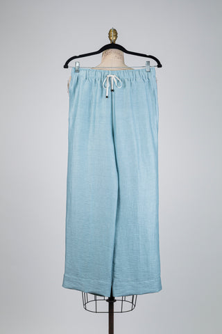 Pantalon vert d'eau en lin texturé  (6)