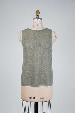 Khaki green open-knit slogan tank top (OS)