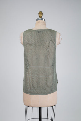 Khaki green open-knit slogan tank top (OS)