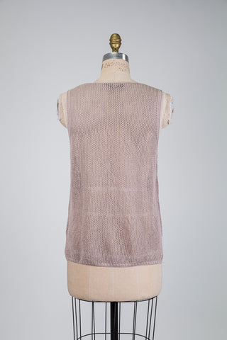 Débardeur rose cendré en maille ajourée à inscription (TU)