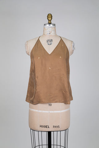 Haut brun à fines bretelles et oeillets dorés (S)