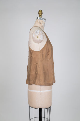 Haut brun à fines bretelles et oeillets dorés (S)