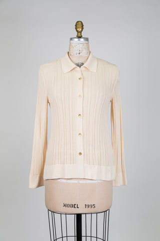 Cream polo collar cardigan with checkered pattern (S)