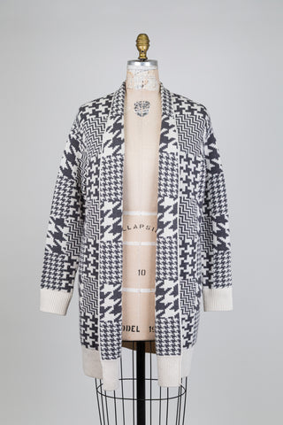 Cardigan mérinos à motifs gris et blanc (S)