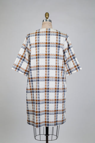 Cream tunic dress with blue and beige tartan (S)