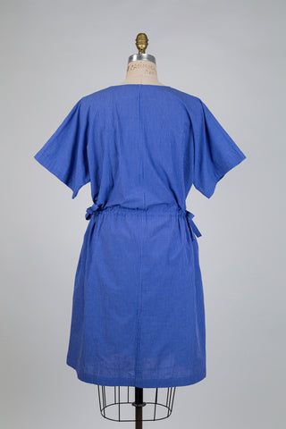 Blue dress with delicate white checks (S)