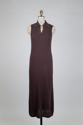 Brown Ribbed Polo Collar Knit Dress (S)