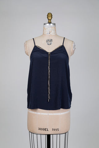 Navy top with jewelled drawstring neckline (4 to 8 years)