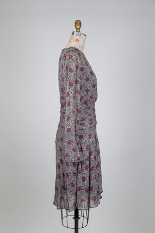 Robe taupe mouchetée à motif floral fuchsia (6+10)