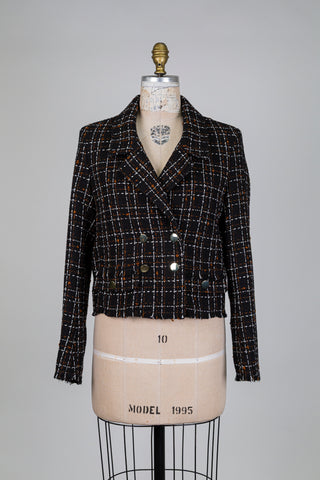 Blazer en tweed tartan noir à boutonnage croisé (8+12)