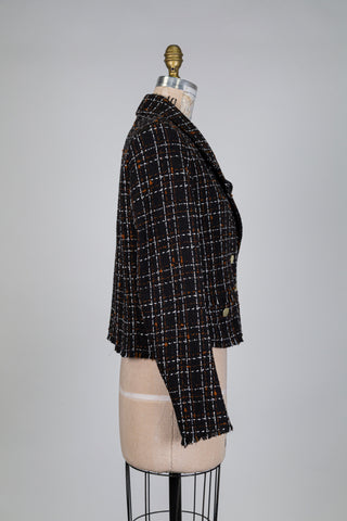 Blazer en tweed tartan noir à boutonnage croisé (8+12)