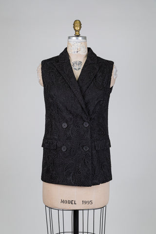 Blazer sans manches dentelle brodée noire (4)