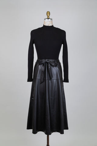 Black knit dress and belted faux leather skirt (M)