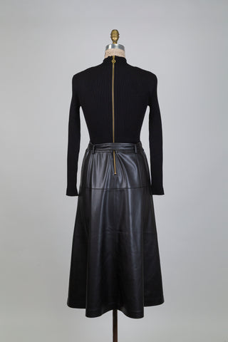 Black knit dress and belted faux leather skirt (M)
