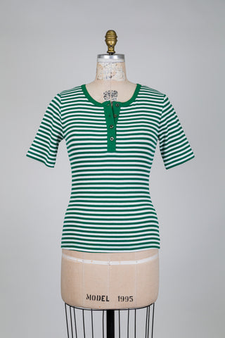 T-shirt en coton bio vert et blanc à col boutons (S)