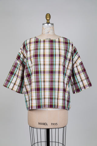 Blouse boxy tartan prune et vert (S+)